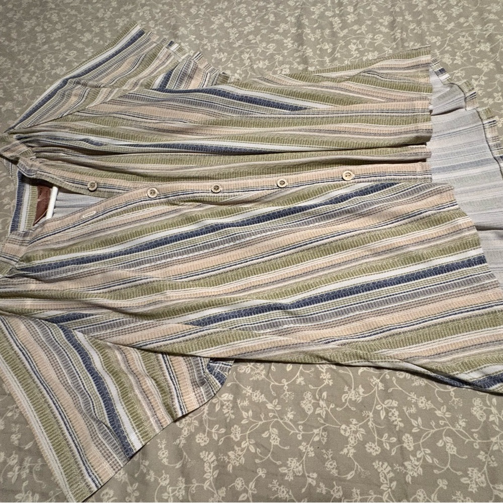 Striped Button-Front Midi Skirt in Blue, Green & Cream
